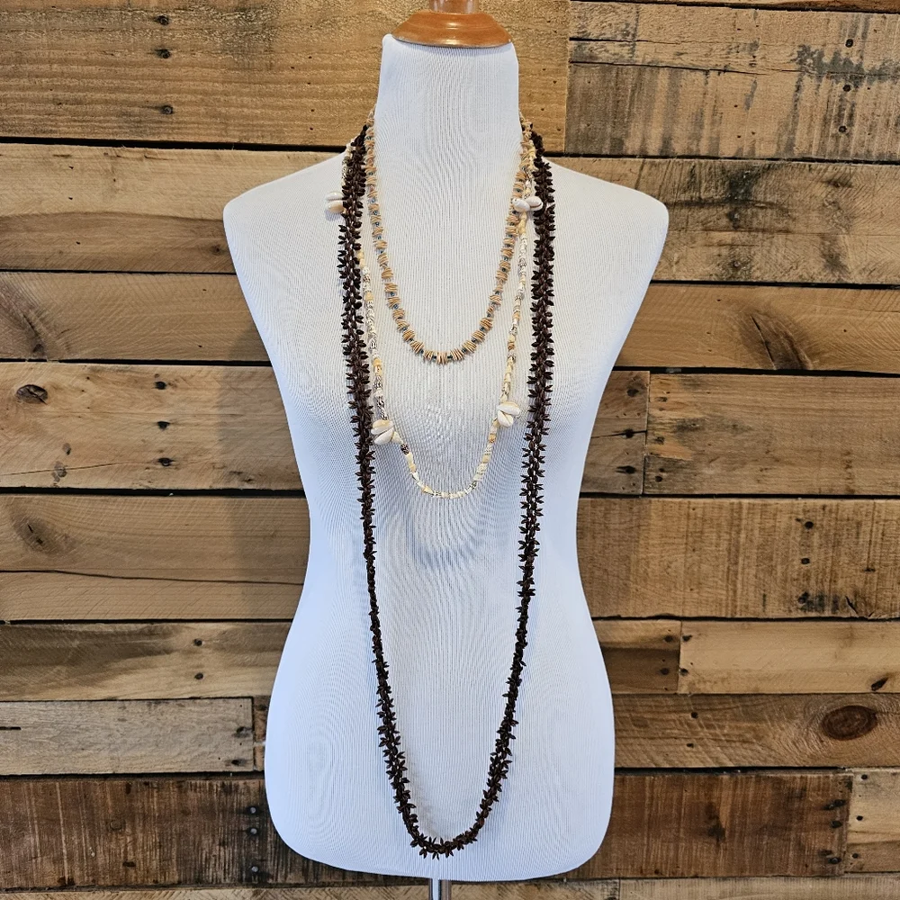 Set of 3 Vintage shell & seed necklaces in natural white, tan & brown